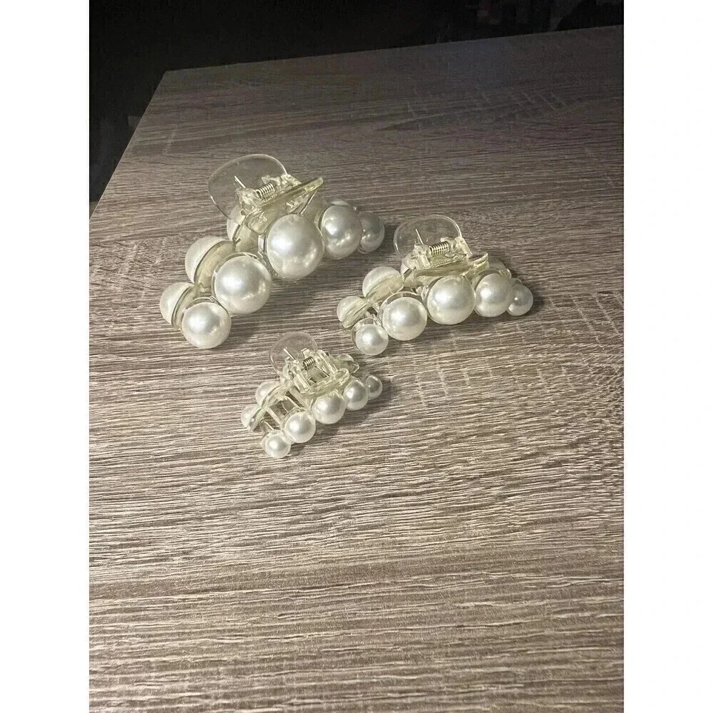 3 Pearl Hair Claw Clips Zinc Alloy Cross‎ Crab Trendy Headwear Fashion Accessory